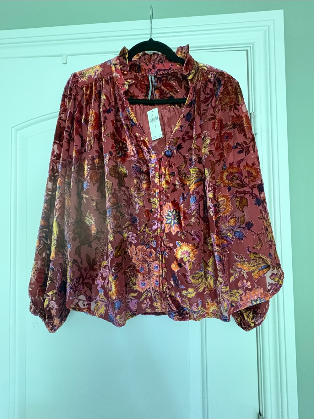 Anthropologie Rust Floral Ruffle-Trim Button Blouse